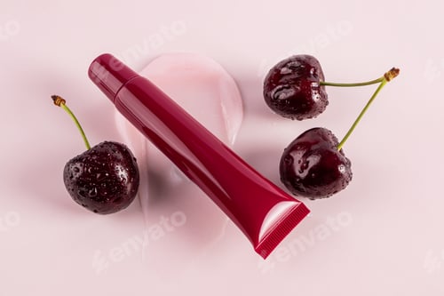 Preview: Cosmetic packaging A tube of cherry lip balm lies on a balm sample among ripe cherries.