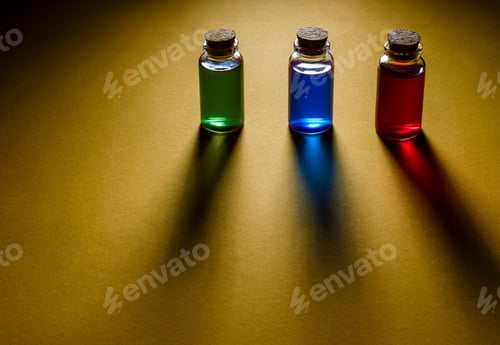 Preview: Small bottles with colorful liquid on a yellow surface closed by corks.