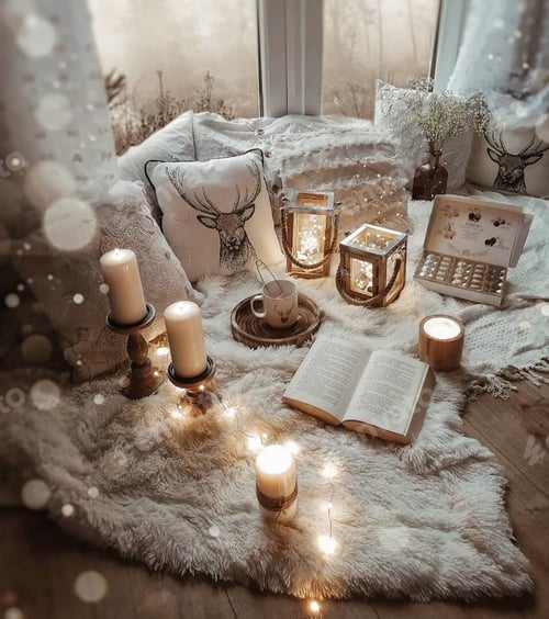 Cozy Holiday Scene with Candles and Book