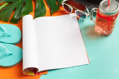 Preview: Relaxing summer setup with tropical themes and colorful accessories displayed on a vibrant table