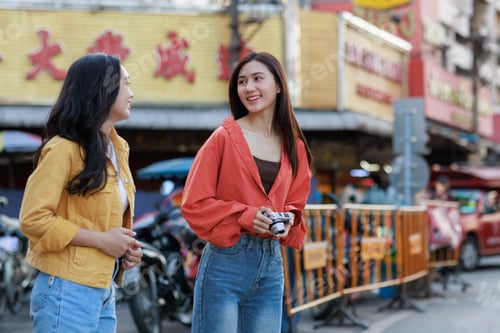 Preview: Asian women travelers exploring city street holding camera