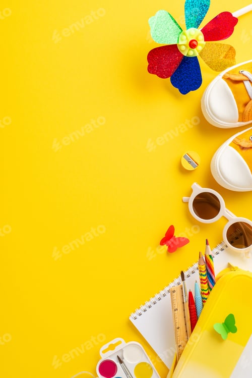 Preview: A vertical cheerful summer-themed educational setup featuring colorful school supplies
