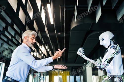 Preview: Mature businessman or a scientist with robot.