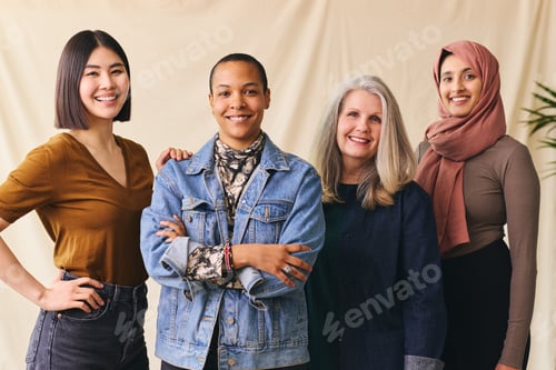 Preview: International Women's Day portrait of cheerful multiethnic mixed age range women