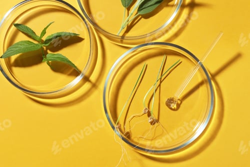 Preview: Flat lay composition with Petri dishes and plants on yellow background