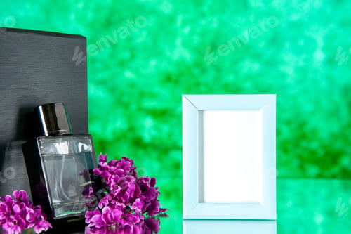 Preview: front view black fragnance with blue picture frame on green background present gift portrait scent
