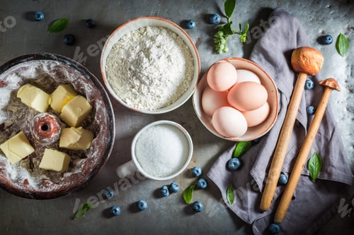 Preview: Ingredients for tasty and sweet cake with blue berries