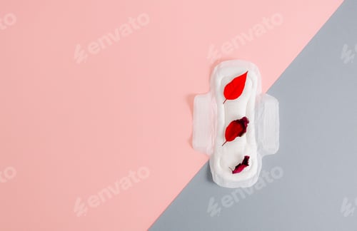Preview: Women's sanitary pad with red leaves on a gray pink background.