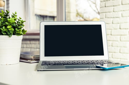 Preview: Modern workspace featuring a laptop, plant, and smartphone on a sunny day in a minimalist design
