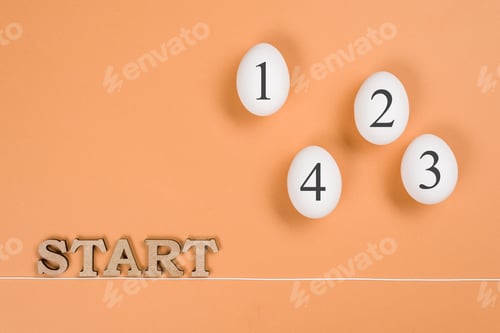 Preview: Abstract image. The word start and eggs on the way from start to finish