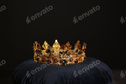 Preview: Beautiful golden crown on black velvet pillow. Fantasy item