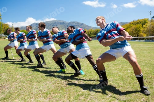 Preview: Full length of rugby players playing tug of war on grassy field