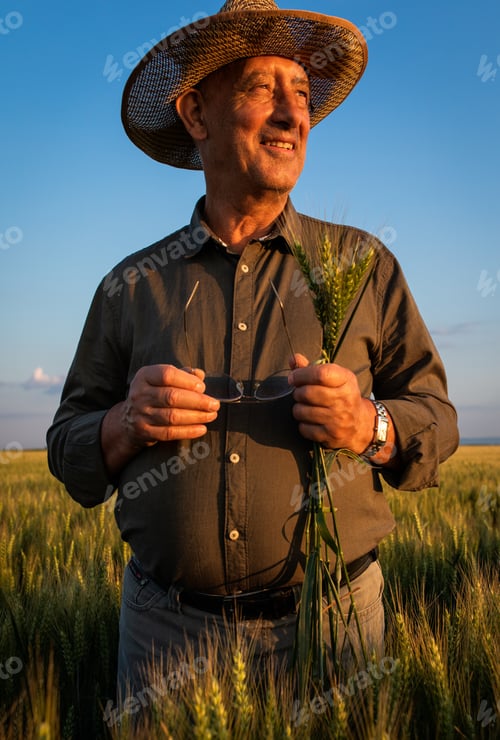 Preview: Portrait of senior farmer in wheat field at sunset.