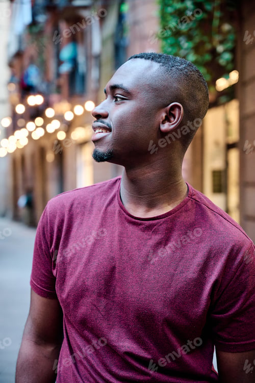 Preview: portrait of a young african american man outdoors not looking at camera with natural light