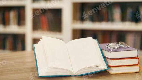 Preview: Opened book close up with bookshelf in the back