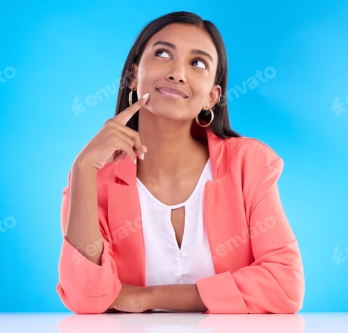 Preview: Thinking, idea and curious with woman in studio for notification, product placement and mockup. Pr