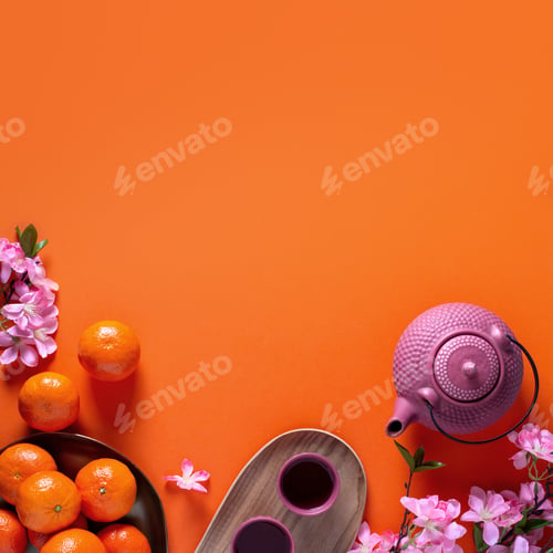 Preview: Chinese or lunar new year flat lay with mandarins, pink peach flower and tea set on orange