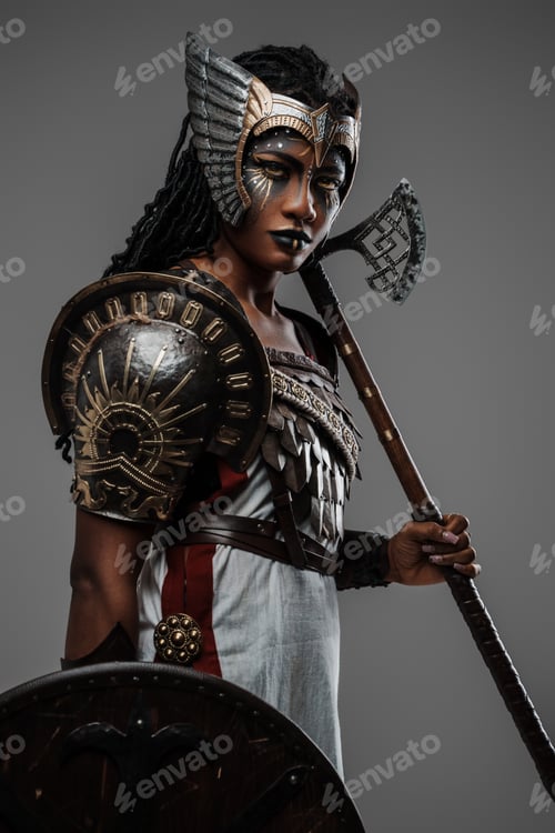 Preview: African woman amazon with shield and axe dressed in armor