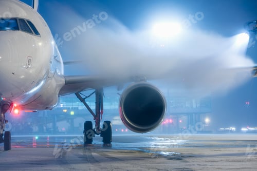 Preview: De-icing airplane shortly before take off at airport
