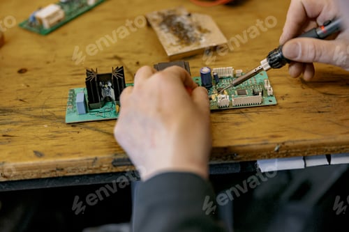 Preview: Close up of repairman hands is soldering circuit board of electronic device on the table