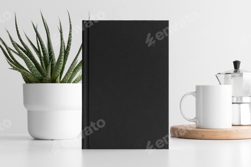 Preview: Black book mockup with a succulent plant and a mug on a white table.