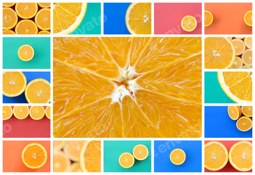 Preview: A collage of many pictures with juicy oranges