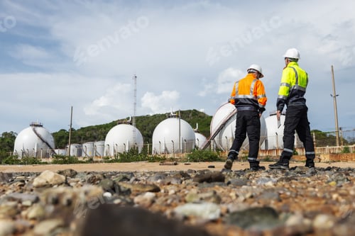 Preview: Two engineers in safety gear discuss site operations near spherical gas storage tanks.