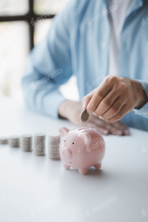 Preview: Person with pile of coins and piggy bank, money saving concept for future use and financial stabilit