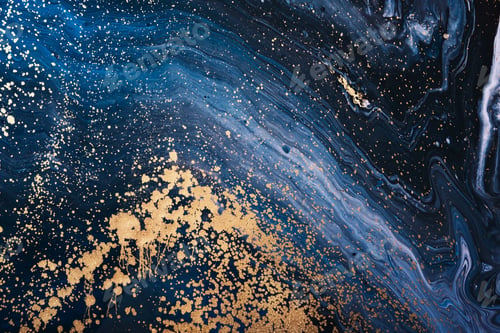Preview: Fluid Art acrylic paints. Abstract mixing blue navi paint waves. Liquid golden flows splashes