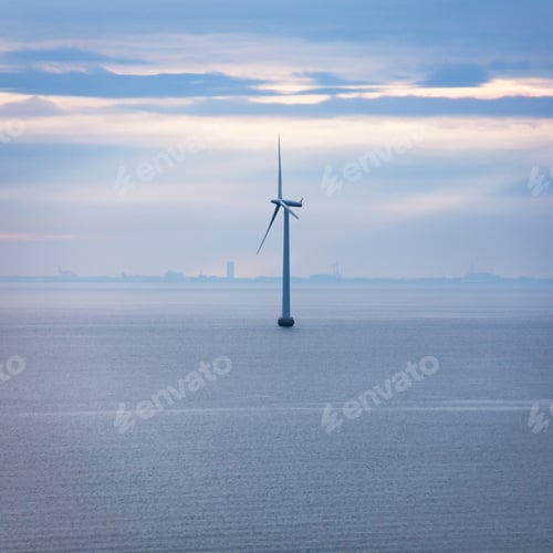 Preview: one turbine of offshore wind farm in morning