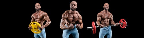 Preview: Set Of Three Sexy Muscular Men Wearing Jeans. Posing On A Black Background With Dumbbells And