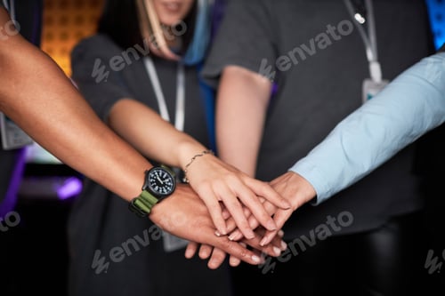 Preview: Multiethnic female team stacking hands and celebrating victory