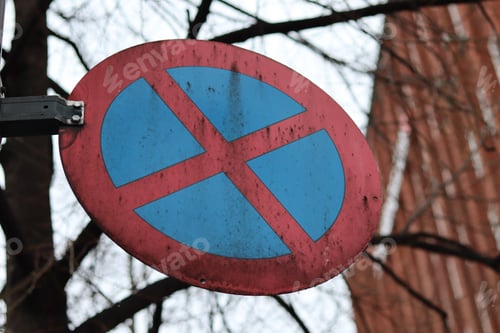 Preview: Close-up shot of a no parking, no stopping sign against tree branches