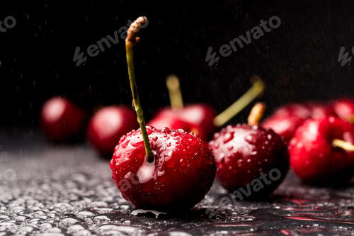 Preview: Close up of the cherries and water drops