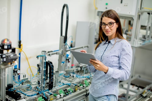 Preview: Young woman with digital tablet in the electronics workshop