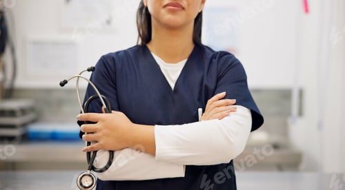 Vista previa: Nurse, hands and arms crossed with stethoscope in healthcare for consultation, management or life i