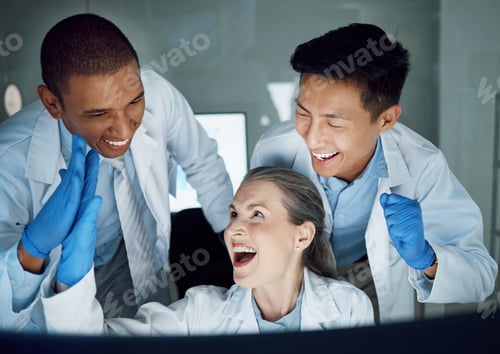 Preview: Science, high five and happy scientist, people or diversity group celebrate lab success, results or