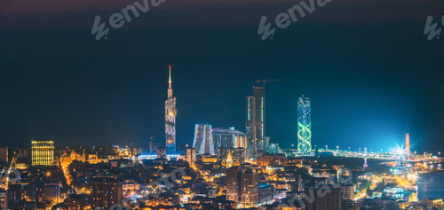 Preview: Batumi, Adjara, Georgia. Panorama, Aerial View Of Urban Cityscape At Sunset. Town At Evening Blue