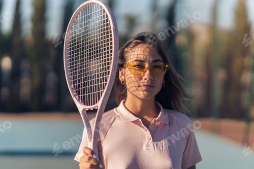 Visualização: Jovem mulher em atletismo rosa posando com uma raquete rosa e óculos escuros amarelos em uma quadra de tênis