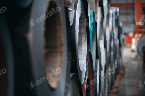 Preview: Rolls of metal sheet and galvanized inside the factory warehouse.
