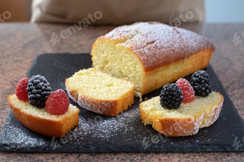 Preview: Close-up on the homemade plumcake resting on a black stone cutting board decorated with berries