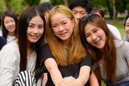 Preview: Happy young group of friends having fun together at the park