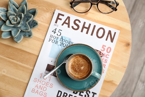 Preview: Creative flat lay composition with delicious hot coffee on table