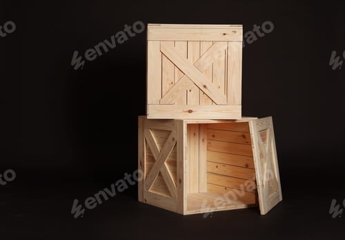 Preview: Wooden crates on black background. Space for text