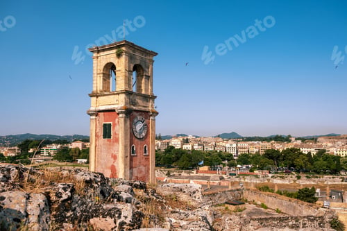 Preview: Clock tower and stone walls at Old Venetian Fortress in Kerkyra, Corfu island, Greece