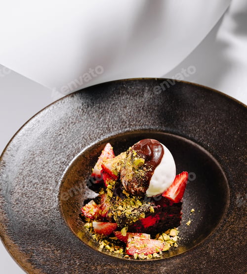 Preview: Decadent dessert of chocolate cake topped with strawberries and ice cream