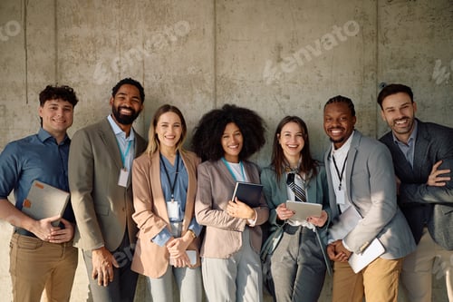 Preview: Multiracial business team against the wall looking at camera.