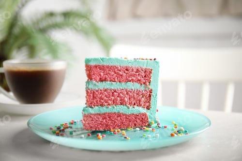 Preview: Slice of fresh delicious birthday cake on table indoors