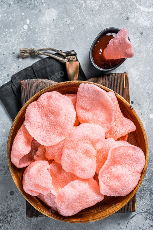 Preview: Crunchy kerupuk prawn shrimp crackers, chips. Gray background. Top view