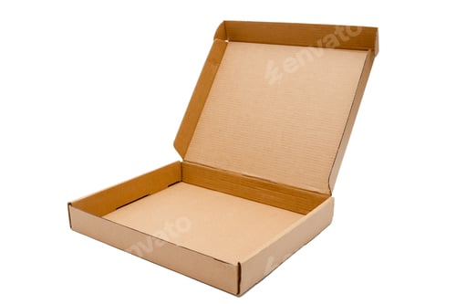 Preview: low cardboard box with hinged lid isolated on white background, template for design